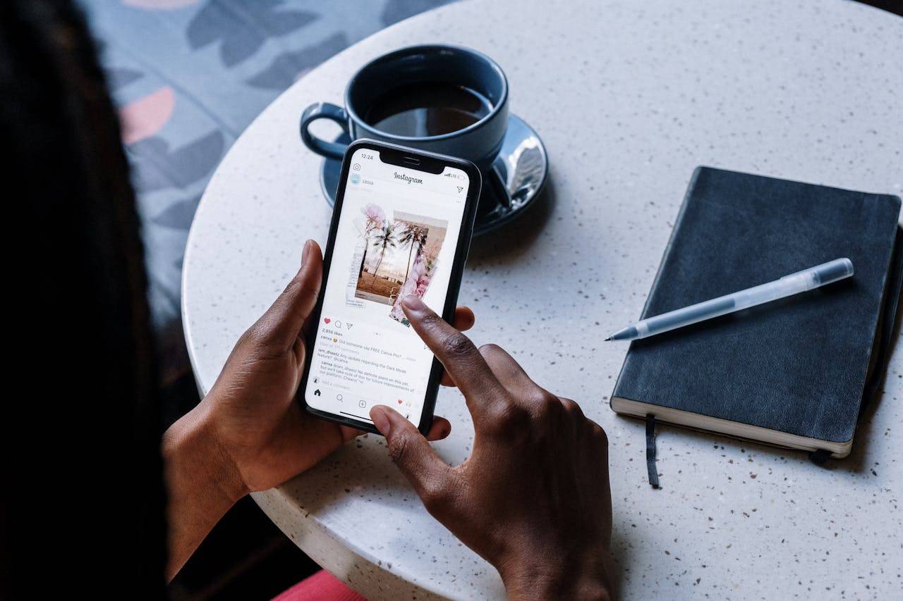 "Instagram network: smartphone showing Instagram app with networking features like DMs, comments, and profile view."
